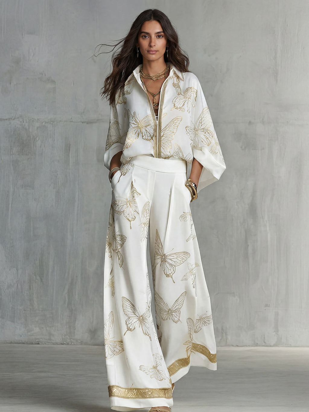 Elegant Butterfly Print Zip Shirt