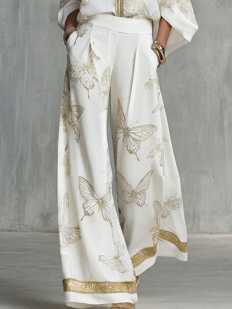 Elegant Butterfly Print Zip Shirt