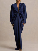 Elegant Satin Batwing Sleeve  Draped Maxi Dress