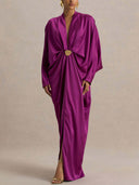 Elegant Satin Batwing Sleeve  Draped Maxi Dress