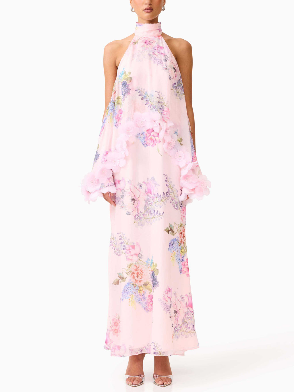 Elegant Pink Floral Applique Halter Maxi Dress