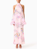 Elegant Pink Floral Applique Halter Maxi Dress