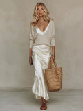 Elegant Knit V-Neck Sweater & Satin Slip Dress Two-Piece Set
