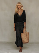 Elegant Knit V-Neck Sweater & Satin Slip Dress Two-Piece Set