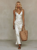 Elegant Knit V-Neck Sweater & Satin Slip Dress Two-Piece Set