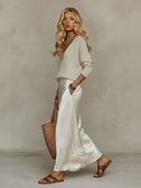 Elegant Knit V-Neck Sweater & Satin Slip Dress Two-Piece Set