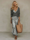 Elegant Knit V-Neck Sweater & Satin Slip Dress Two-Piece Set