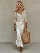 Elegant Knit V-Neck Sweater & Satin Slip Dress Two-Piece Set
