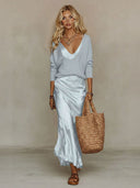 Elegant Knit V-Neck Sweater & Satin Slip Dress Two-Piece Set