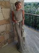 Elegant Striped Sleeveless Tie-Waist Maxi Dress