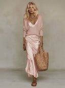 Elegant Knit V-Neck Sweater & Satin Slip Dress Two-Piece Set