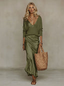 Elegant Knit V-Neck Sweater & Satin Slip Dress Two-Piece Set