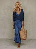 Elegant Knit V-Neck Sweater & Satin Slip Dress Two-Piece Set