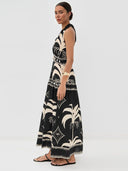 Retro Palm Leaf Print Halter Neck Maxi Dress