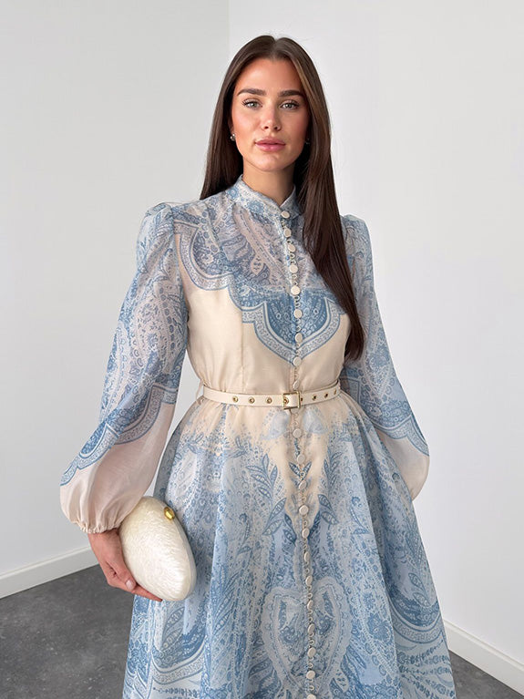Exquisite Paisley Print Shirt A-Line Maxi Dress