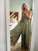 Tropical Giraffe Palm Tree Print Sleeveless High-Waist Jumpsuit