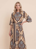 Elegant Vintage Palm Print Belted Maxi Dress