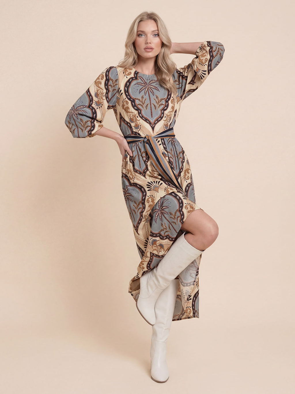 Elegant Vintage Palm Print Belted Maxi Dress
