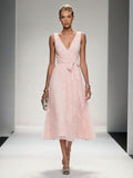 Elegant V-Neck Lace Embroidered Tie-Front Midi Dress