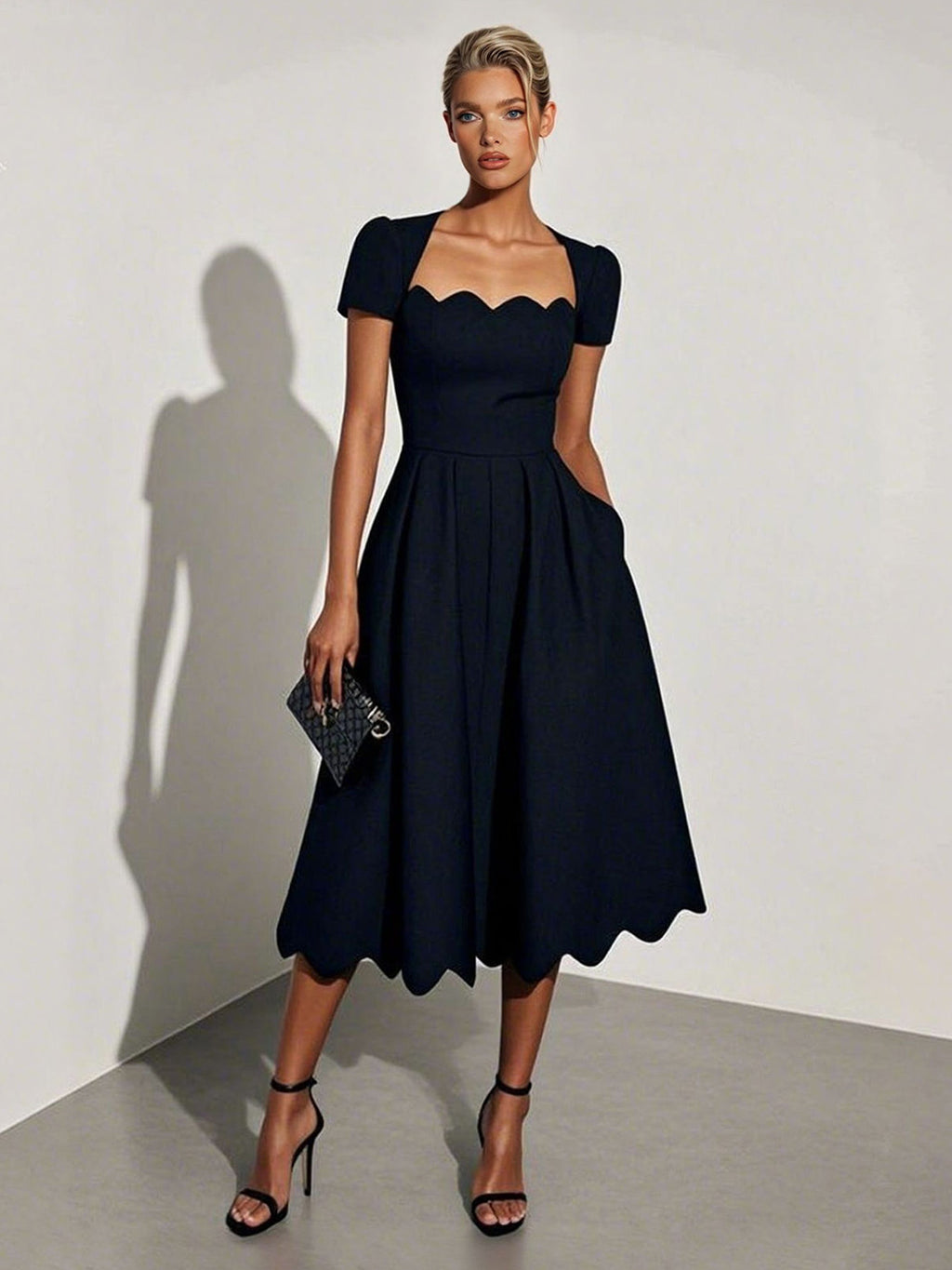 Elegant Wavy Hem A-Line Midi Dress