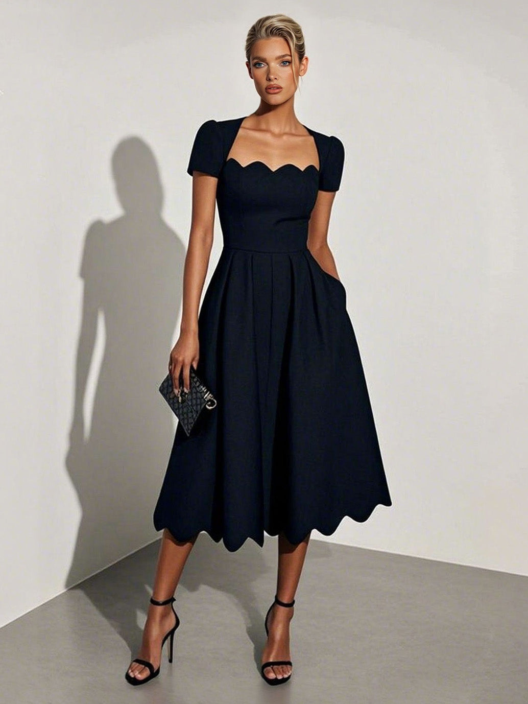 Elegant Wavy Hem A-Line Midi Dress