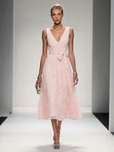 Elegant V-Neck Lace Embroidered Tie-Front Midi Dress