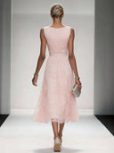 Elegant V-Neck Lace Embroidered Tie-Front Midi Dress