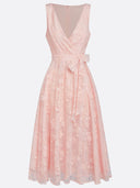 Elegant V-Neck Lace Embroidered Tie-Front Midi Dress