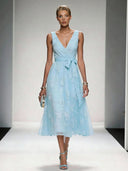 Elegant V-Neck Lace Embroidered Tie-Front Midi Dress