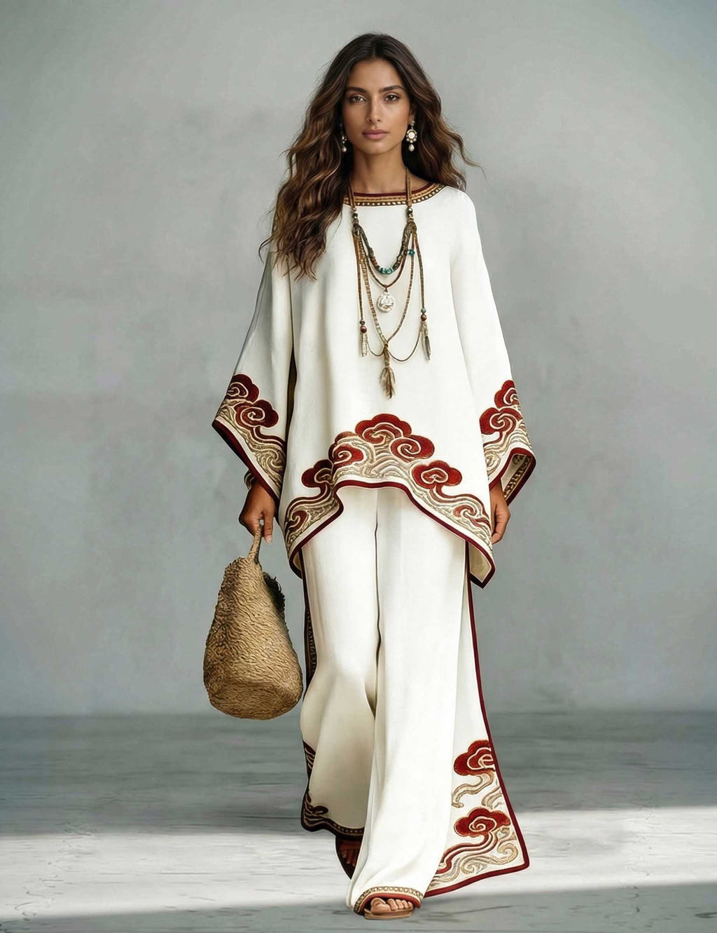 Elegant Satin Cloud Print Loose Kaftan Top & Pants Two-Piece Set