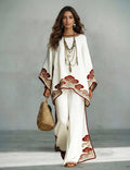 Elegant Satin Cloud Print Loose Kaftan Top & Pants Two-Piece Set