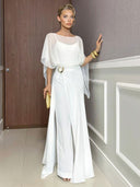 Elegant Blue Chiffon Cape Top & Wide-Leg Pants Two-Piece Set