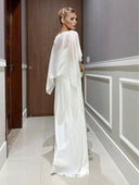 Elegant Blue Chiffon Cape Top & Wide-Leg Pants Two-Piece Set