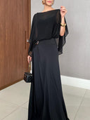 Elegant Blue Chiffon Cape Top & Wide-Leg Pants Two-Piece Set