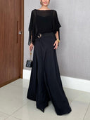 Elegant Blue Chiffon Cape Top & Wide-Leg Pants Two-Piece Set