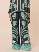 Elegant Abstract Print Satin Shirt & Wide Leg Pants Set