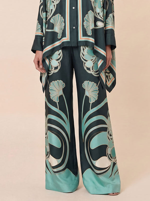 Elegant Abstract Print Satin Shirt & Wide Leg Pants Set
