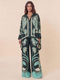 Elegant Abstract Print Satin Shirt & Wide Leg Pants Set