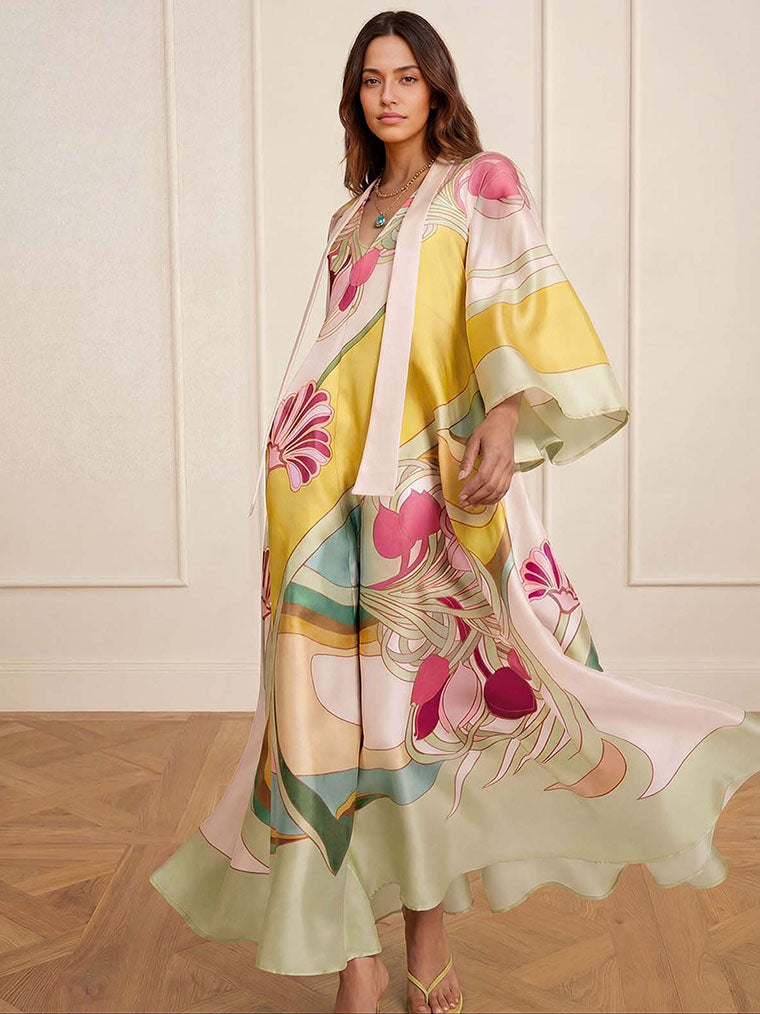 Exquisite Satin Floral Print Loose-fitting Maxi Dress