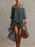 Bohemian Off-Shoulder Ruffled Sheer High-Low Midi Dress