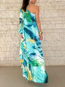 Elegant Satin Marble Print One-Shoulder Maxi Dress