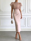 Elegant Sheer Chiffon Ruffle Sleeve Top & Ruched Midi Skirt Two-Piece Set