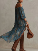 Bohemian Off-Shoulder Ruffled Sheer High-Low Midi Dress
