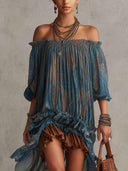 Bohemian Off-Shoulder Ruffled Sheer High-Low Midi Dress