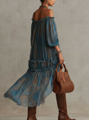 Bohemian Off-Shoulder Ruffled Sheer High-Low Midi Dress