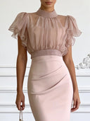 Elegant Sheer Chiffon Ruffle Sleeve Top & Ruched Midi Skirt Two-Piece Set