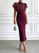 Elegant Sheer Chiffon Ruffle Sleeve Top & Ruched Midi Skirt Two-Piece Set