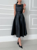 Elegant Sleeveless Leather-Look Midi Dress