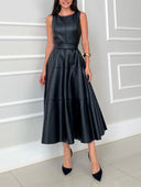 Elegant Sleeveless Leather-Look Midi Dress