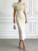Elegant Sheer Chiffon Ruffle Sleeve Top & Ruched Midi Skirt Two-Piece Set